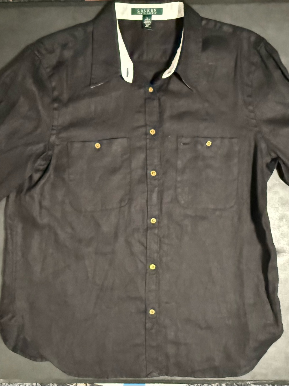 Lauren Ralph Lauren size Large Black Linen Button-Down Shirt w/Contrast Buttons